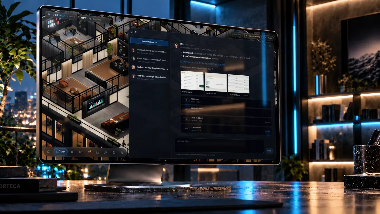 Vorteca Office op een beeldscherm met het verslag van de inbox-agent